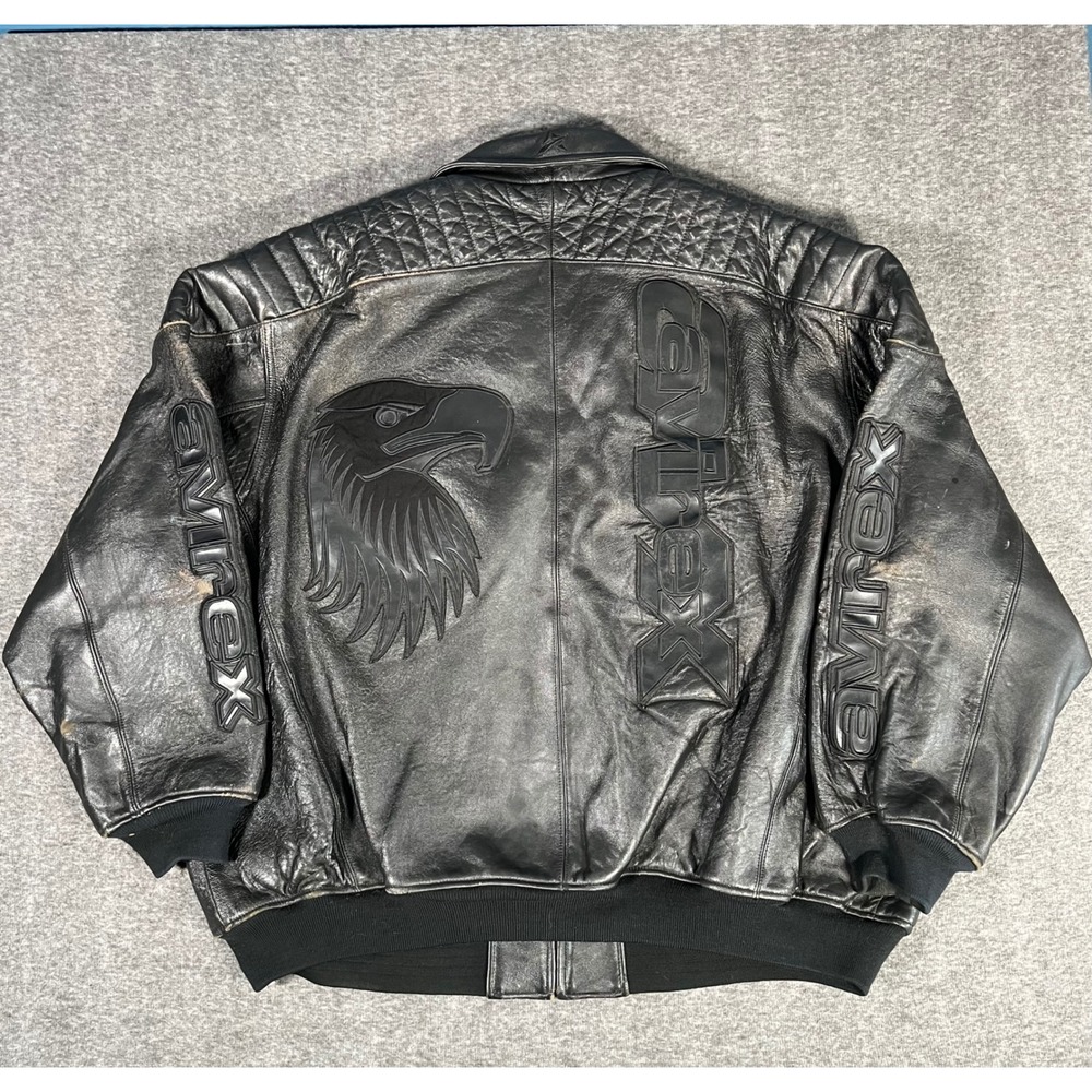 Vintage 90s Avirex Leather Patched Embossed Eagle Jacket Blk 6XL Bomber Varsity